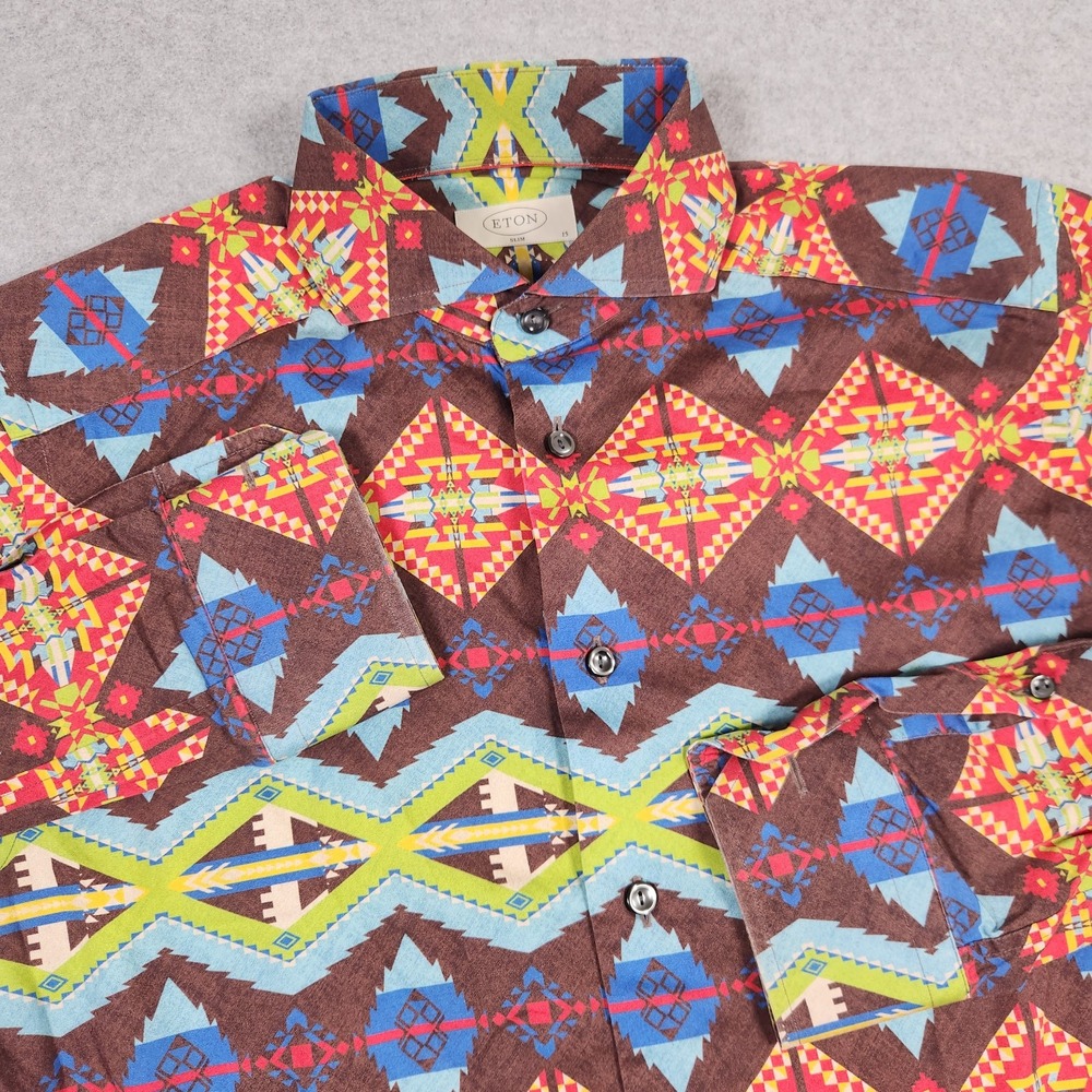 Eton Shirt Mens 38 15 Small Brown Slim Fit Southwestern Aztec Geometric Retro